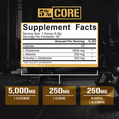 5% Nutrition Core L-Glutamine 5000 w/L-Alanine | Immune & Digestive Support | Post-Workout Recovery | Unflavored (60 Servings)