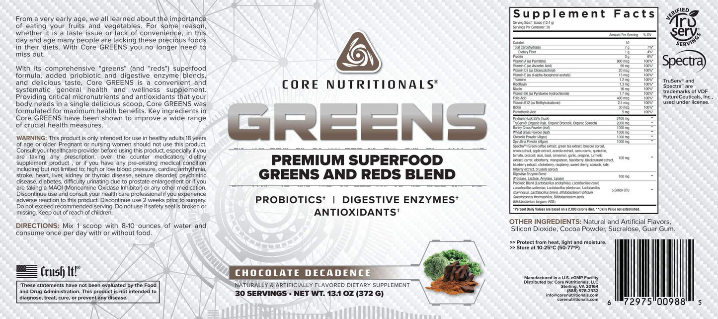 Core Nutritionals Greens | Premium Reds & Greens Blend | 30 Servings (Chocolate Decadence)