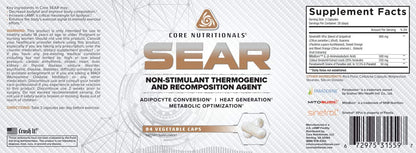 Core Nutritionals SEAR Thermogenic Fat Burner | Non-Stim Recomposition Agent | Paradoxine & Grains of Paradise | 84 Vegetable Capsules
