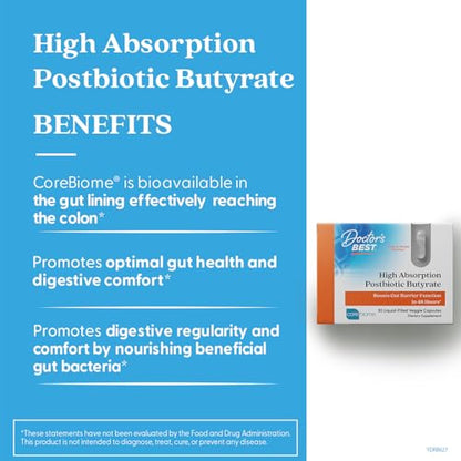 Doctor's Best High Absorption Postbiotic Butyrate with Corebiome – Gut & Immune Health | Non-GMO, Gluten Free, Soy Free, Vegan | 30 Veggie Caps