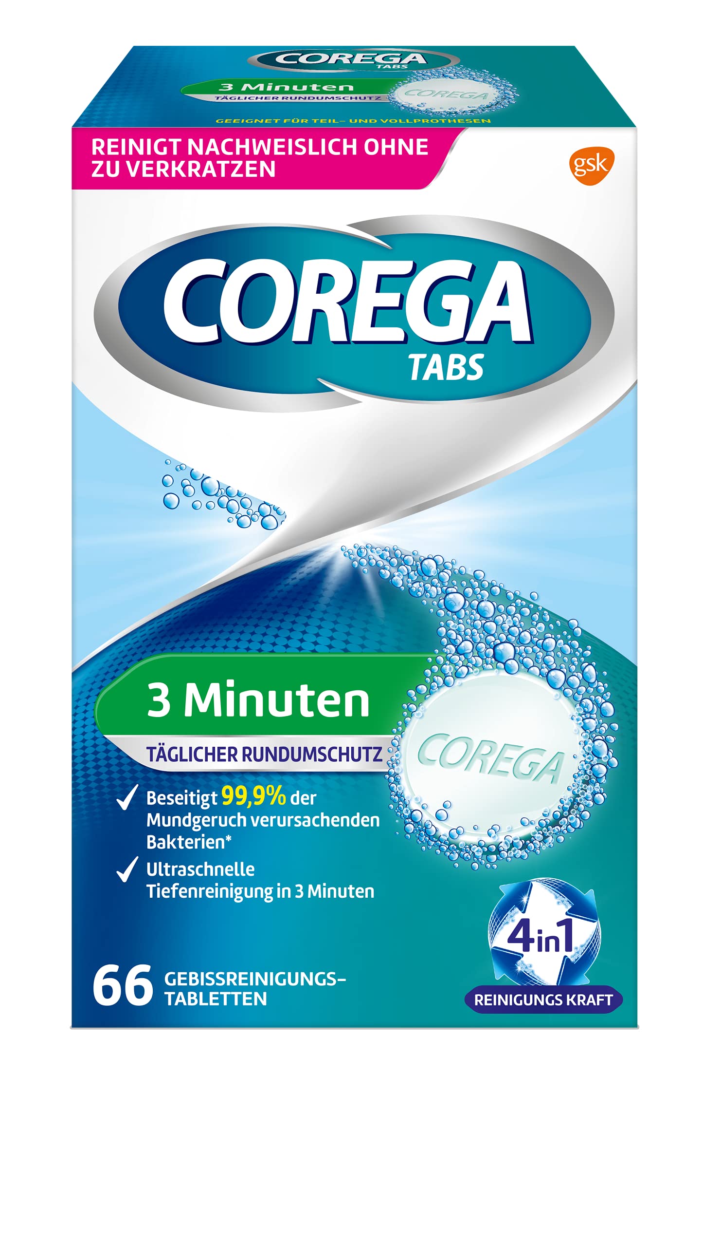 Corega Rapid Denture Cleaning Tabs – 66 Tablets | Cleaning in 3 Minutes