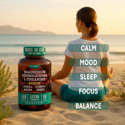 Cortisol Reducer & Adrenal Support – Ashwagandha KSM-66, L-Theanine