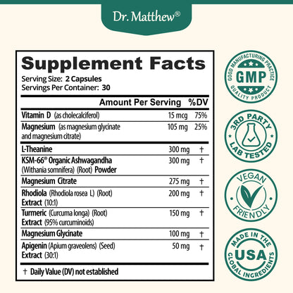 Cortisol Reducer & Adrenal Support – Ashwagandha KSM-66, L-Theanine