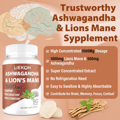 Ashwagandha & Lions Mane Capsules for Memory, Focus – 90 Caps
