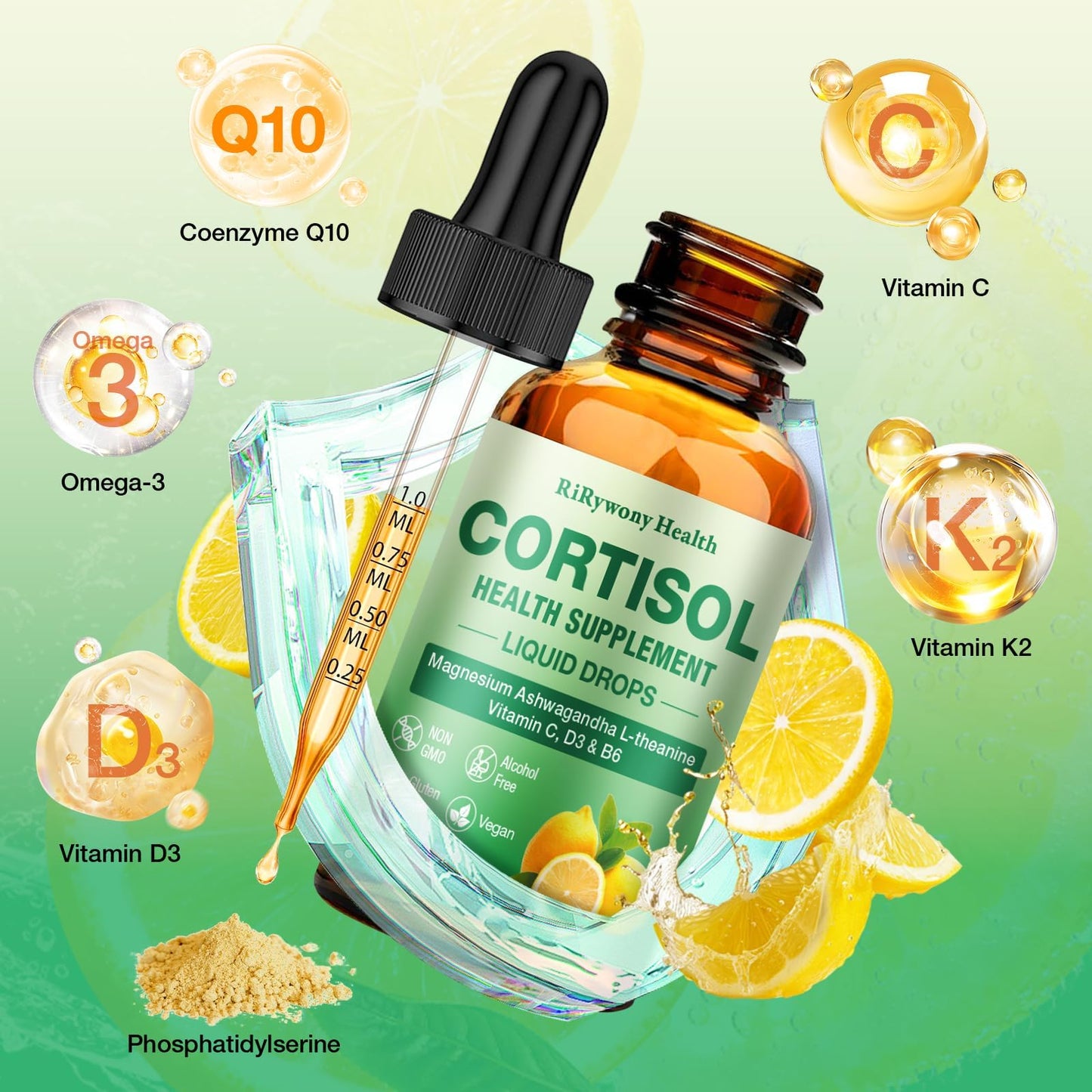 Cortisol Detox Supplement for Women & Men - Magnesium Glycinate, Ashwagandha, L-Theanine, Phosphatidylserine | 2 oz Lemon Drops