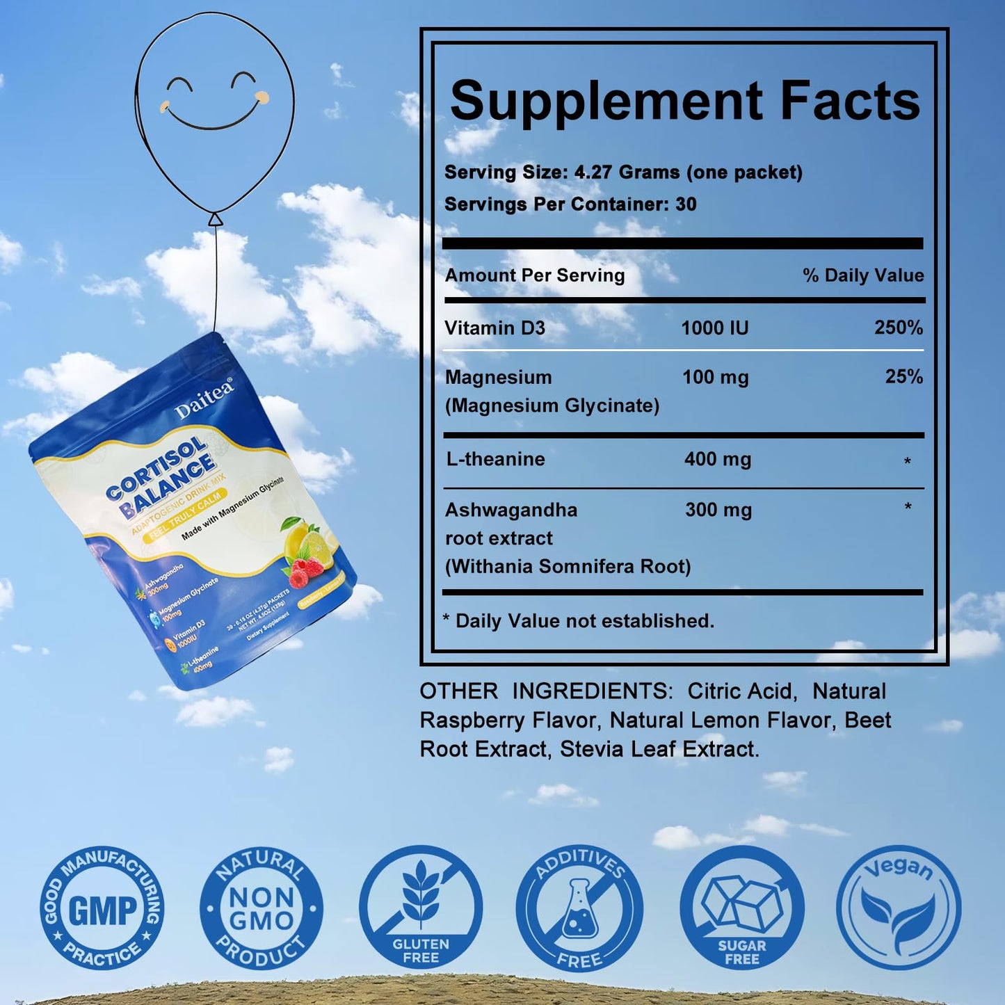 Cortisol Calm Drink Mix – Magnesium Glycinate, L-Theanine & Ashwagandha | 30 Pack