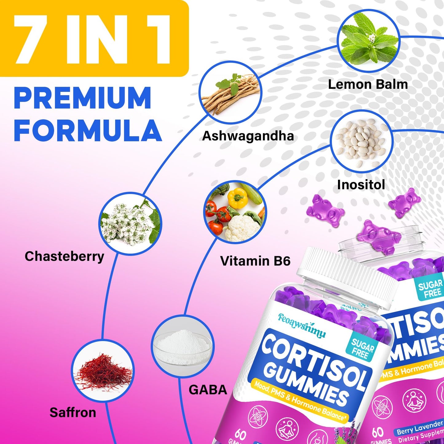 Cortisol Reducer for Women – Ashwagandha, GABA, Saffron, 60 Vegan Gummies