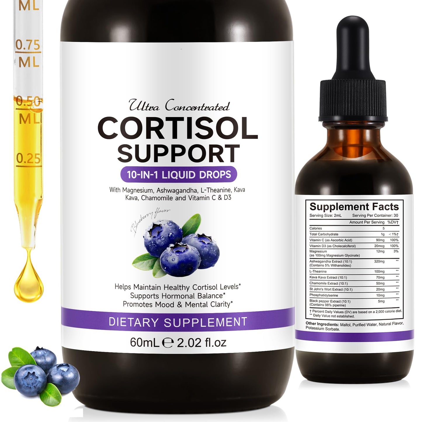 Cortisol Supplements for Women & Men | 10-in-1 Hormone Balance Drops (Blueberry)