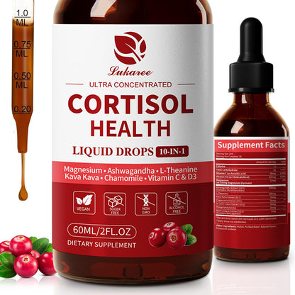 Cortisol Supplement Liquid Drops – 10-in-1 Hormone Balance for Women & Men (2 fl oz, Cranberry)