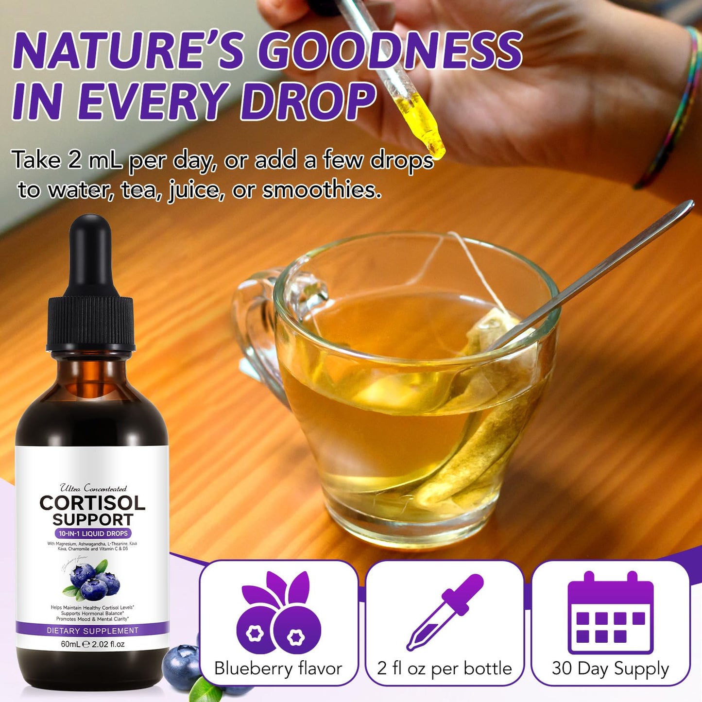 Cortisol Supplements for Women & Men | 10-in-1 Hormone Balance Drops (Blueberry)