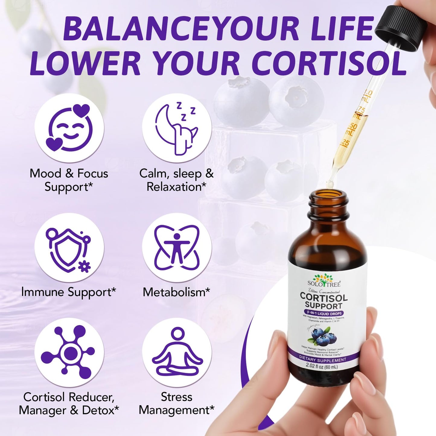9-in-1 Cortisol Reducer Liquid Drops for Women & Men – Blueberry Flavor