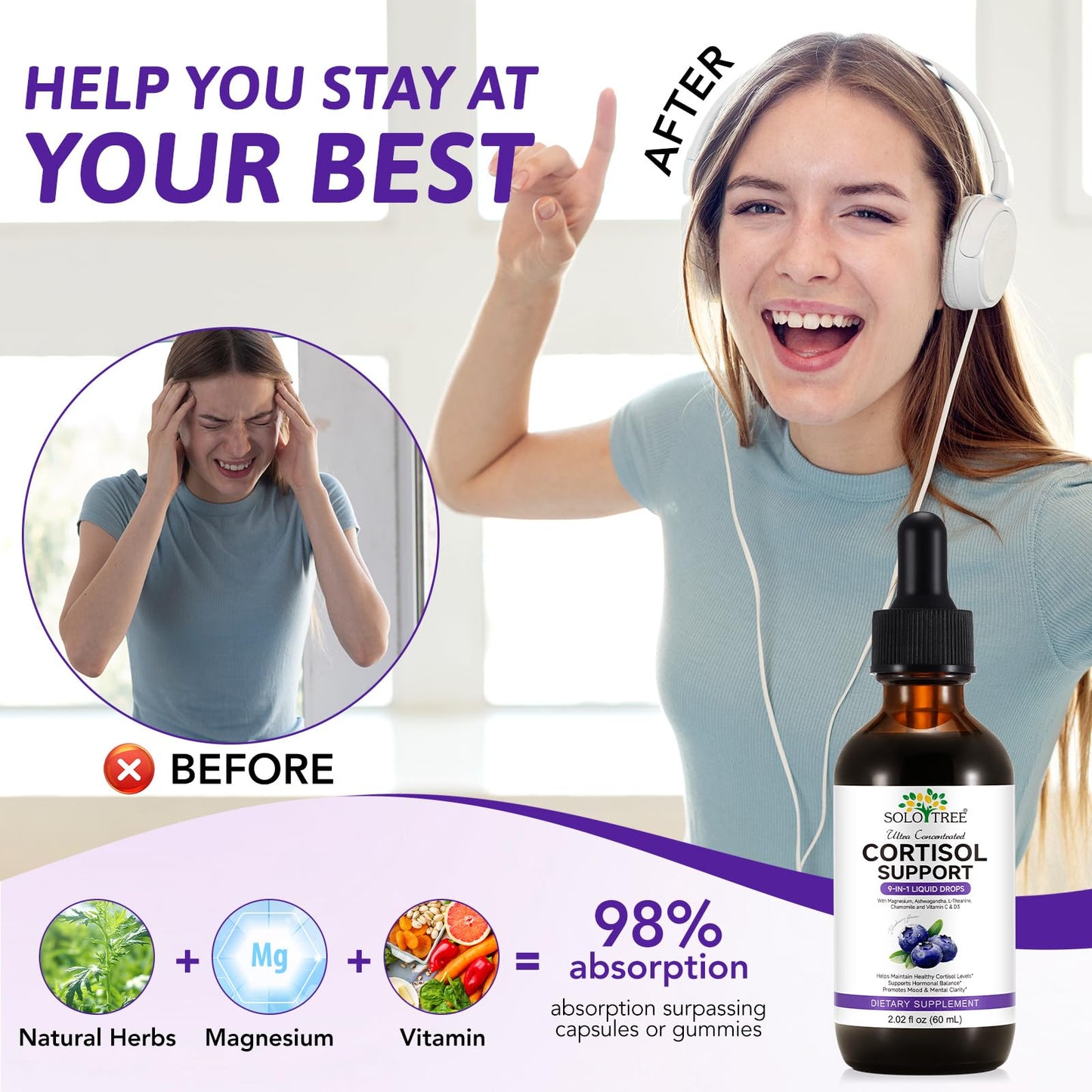 9-in-1 Cortisol Reducer Liquid Drops for Women & Men – Blueberry Flavor