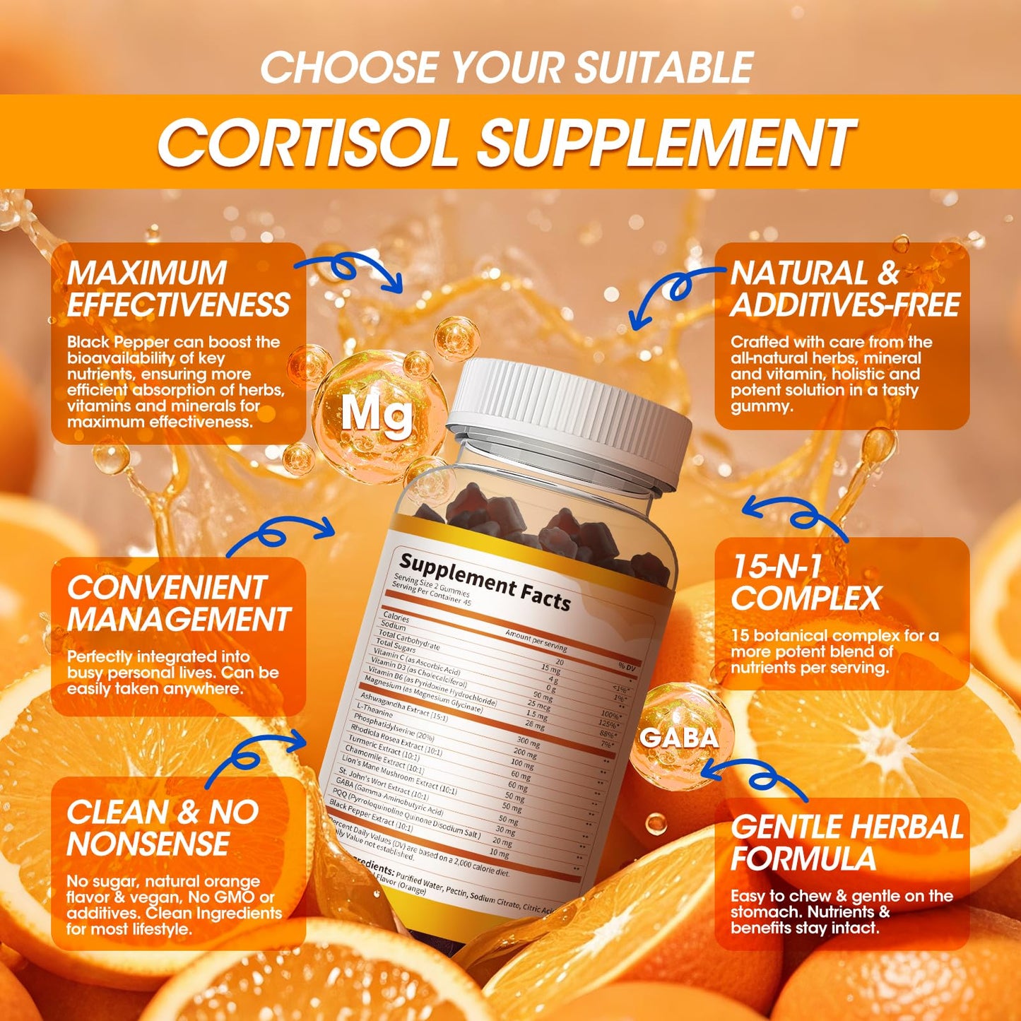 15-in-1 Cortisol Gummies for Women & Men – Vegan, Ashwagandha, L-Theanine, 90ct