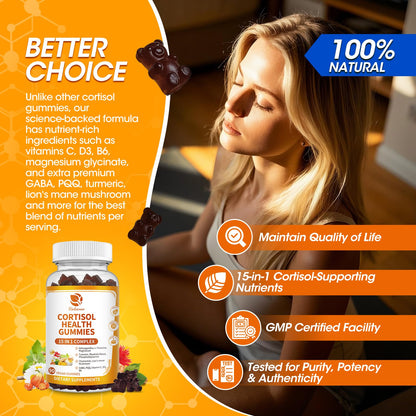 15-in-1 Cortisol Gummies for Women & Men – Vegan, Ashwagandha, L-Theanine, 90ct