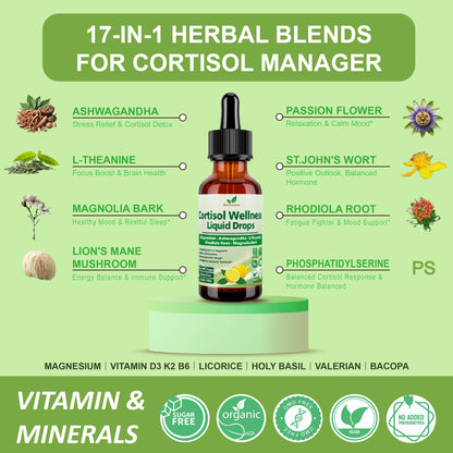 Cortisol Support Liquid Drops – 17-in-1 Detox with Magnesium Glycinate 400mg, Ashwagandha & L-Theanine – For Women