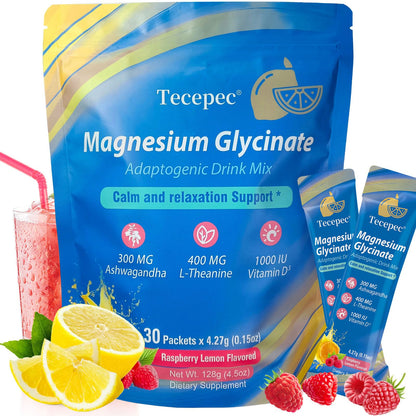 Cortisol Powdered Drink Mix with Magnesium Glycinate, L-Theanine, Ashwagandha & Vitamin D3 – Raspberry Lemonade, 30 Packets