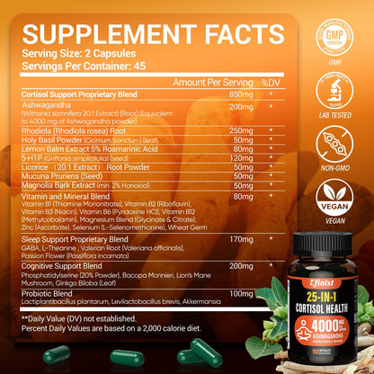 Cortisol Supplement for Women – 25-in-1 Reducer | 90 Capsules