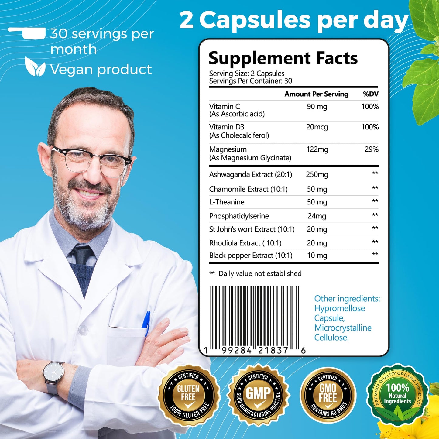 10-in-1 Cortisol Support with Magnesium & Ashwagandha – 60 Capsules