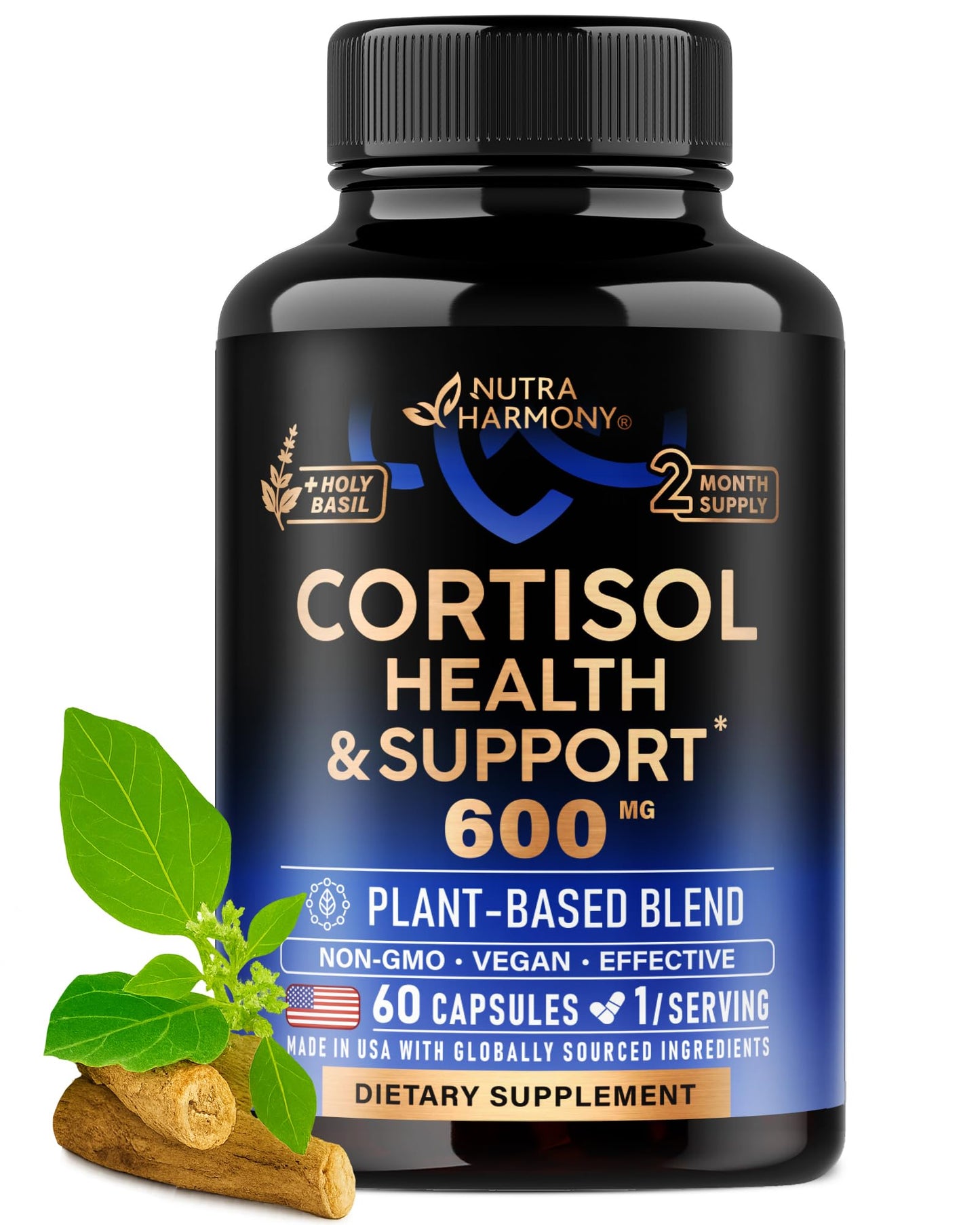 Cortisol Supplement for Women – Holy Basil, Ashwagandha, Rhodiola – Plant-Based Hormone Balance – 60 Capsules – Made in USA – Vegan, Non-GMO
