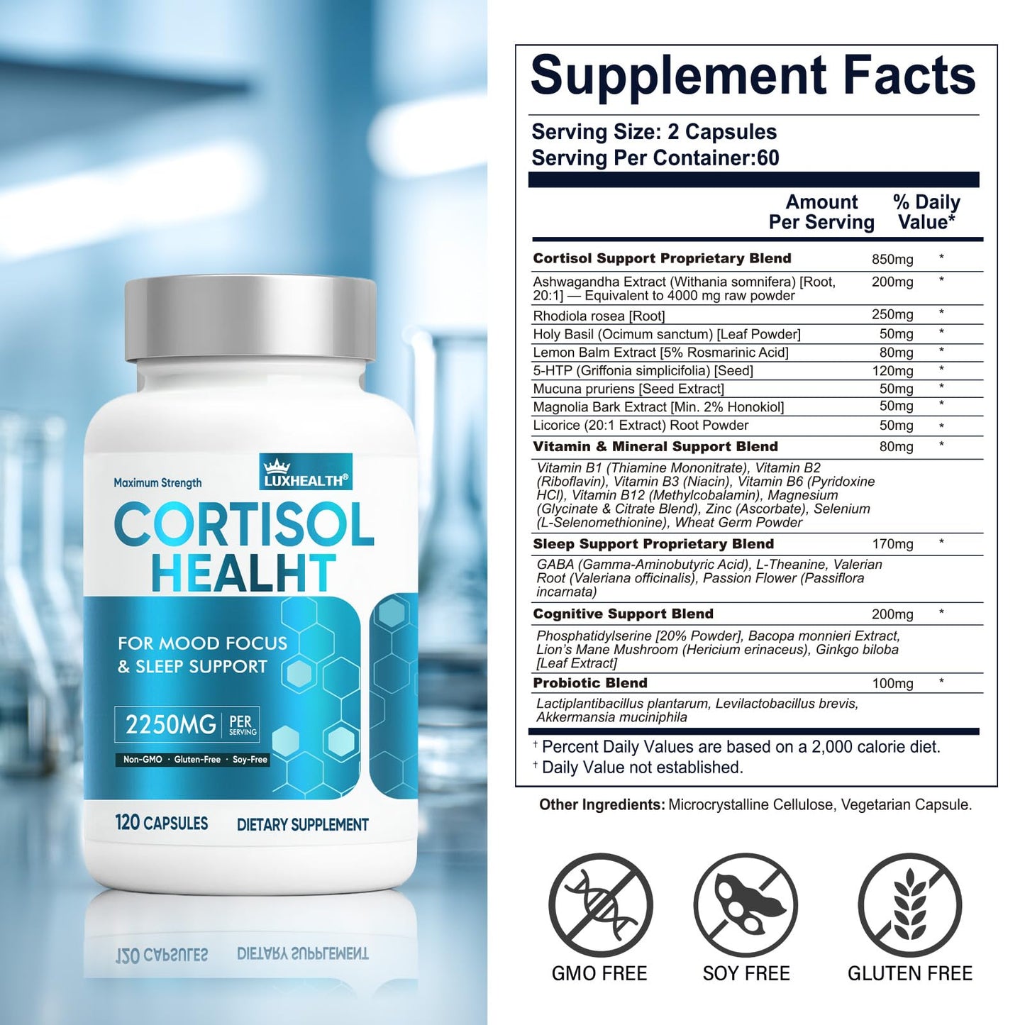 Cortisol Reducer for Women & Men - Ashwagandha, Magnesium, 120 Veg Capsules