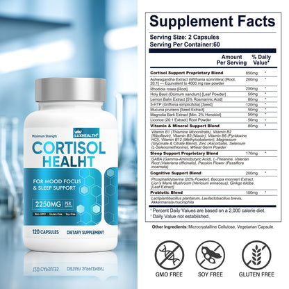 Cortisol Reducer for Women & Men - Ashwagandha, Magnesium, 120 Veg Capsules