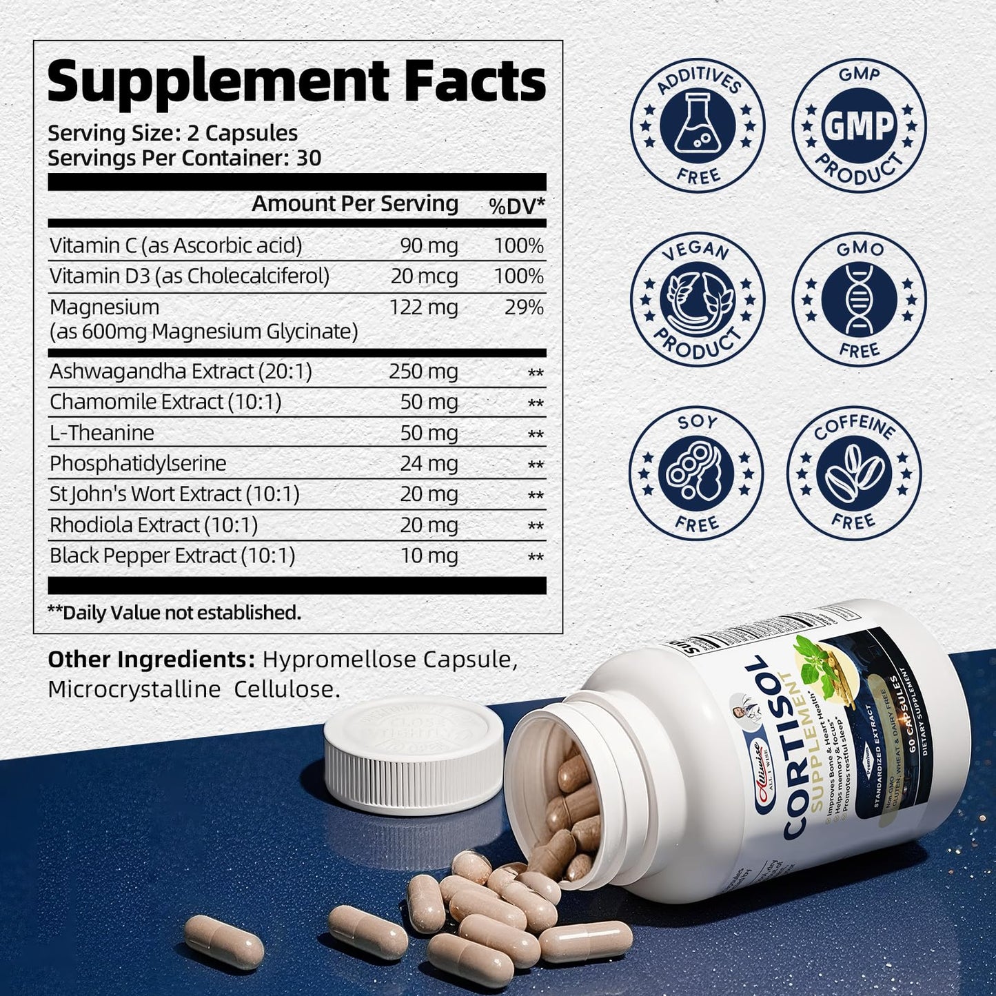 Cortisol Supplements for Women & Men - High Cortisol Reducer with Magnesium, Ashwagandha, Rhodiola, L-Theanine for Mood, Focus & Sleep