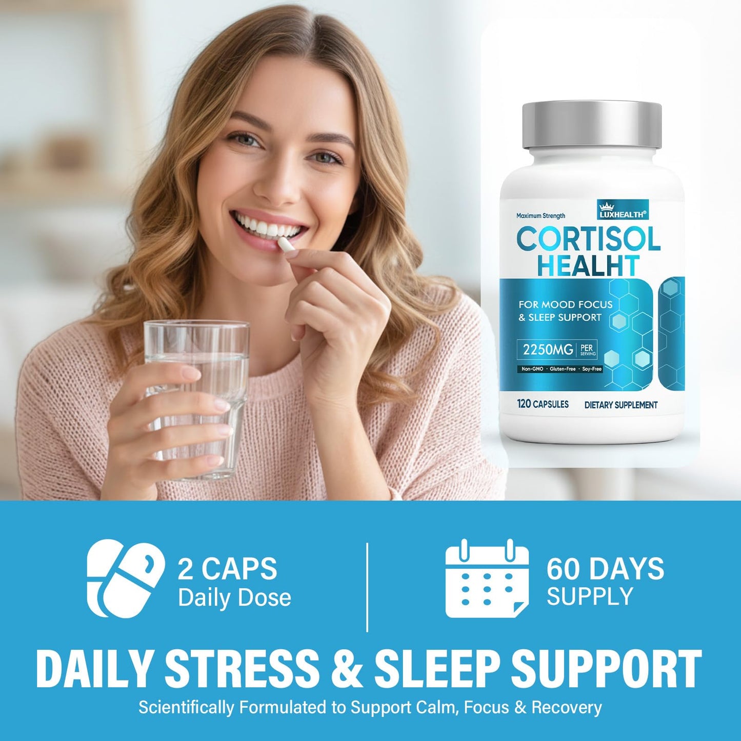 Cortisol Reducer for Women & Men - Ashwagandha, Magnesium, 120 Veg Capsules