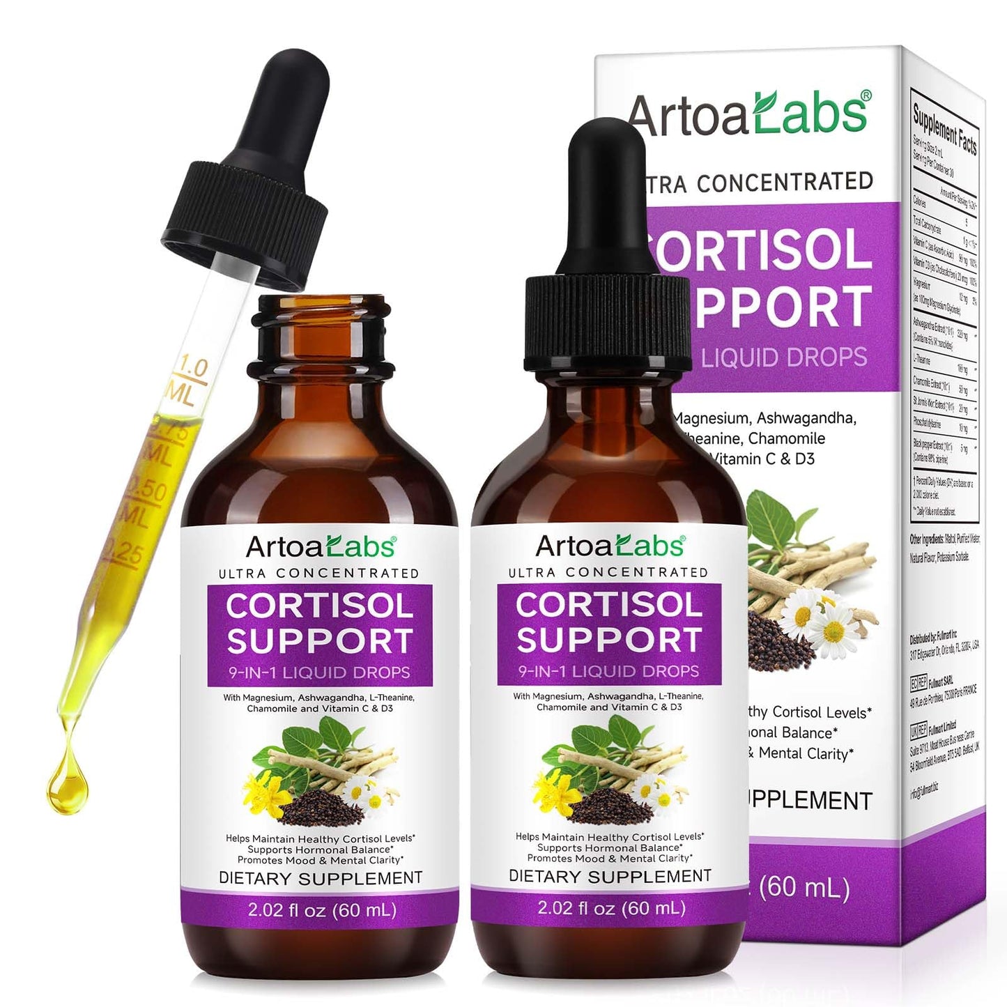 Cortisol Reducer Liquid Drops – 10-in-1 Formula for Hormone Balance (60ml/2oz, Pack of 2)