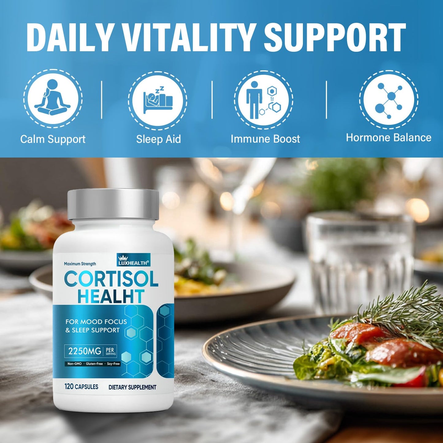 Cortisol Reducer for Women & Men - Ashwagandha, Magnesium, 120 Veg Capsules