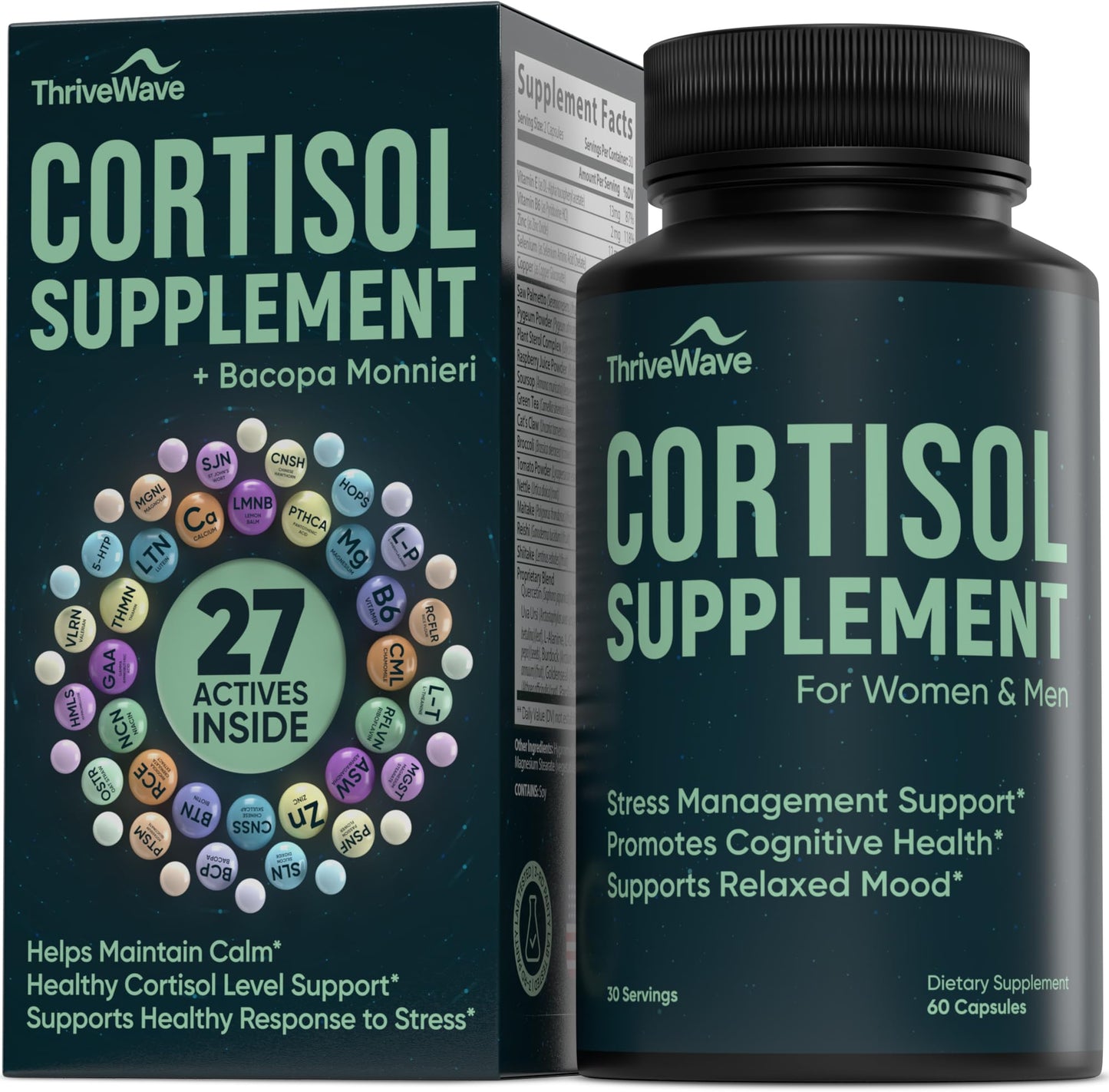 Cortisol Supplements for Women & Men – Stress & Mood Support | Bacopa Monnieri, Lemon Balm, Ashwagandha, 5-HTP, GABA, L-Theanine • 60 Capsules