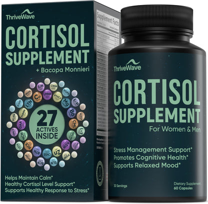 Cortisol Supplements for Women & Men – Stress & Mood Support | Bacopa Monnieri, Lemon Balm, Ashwagandha, 5-HTP, GABA, L-Theanine • 60 Capsules