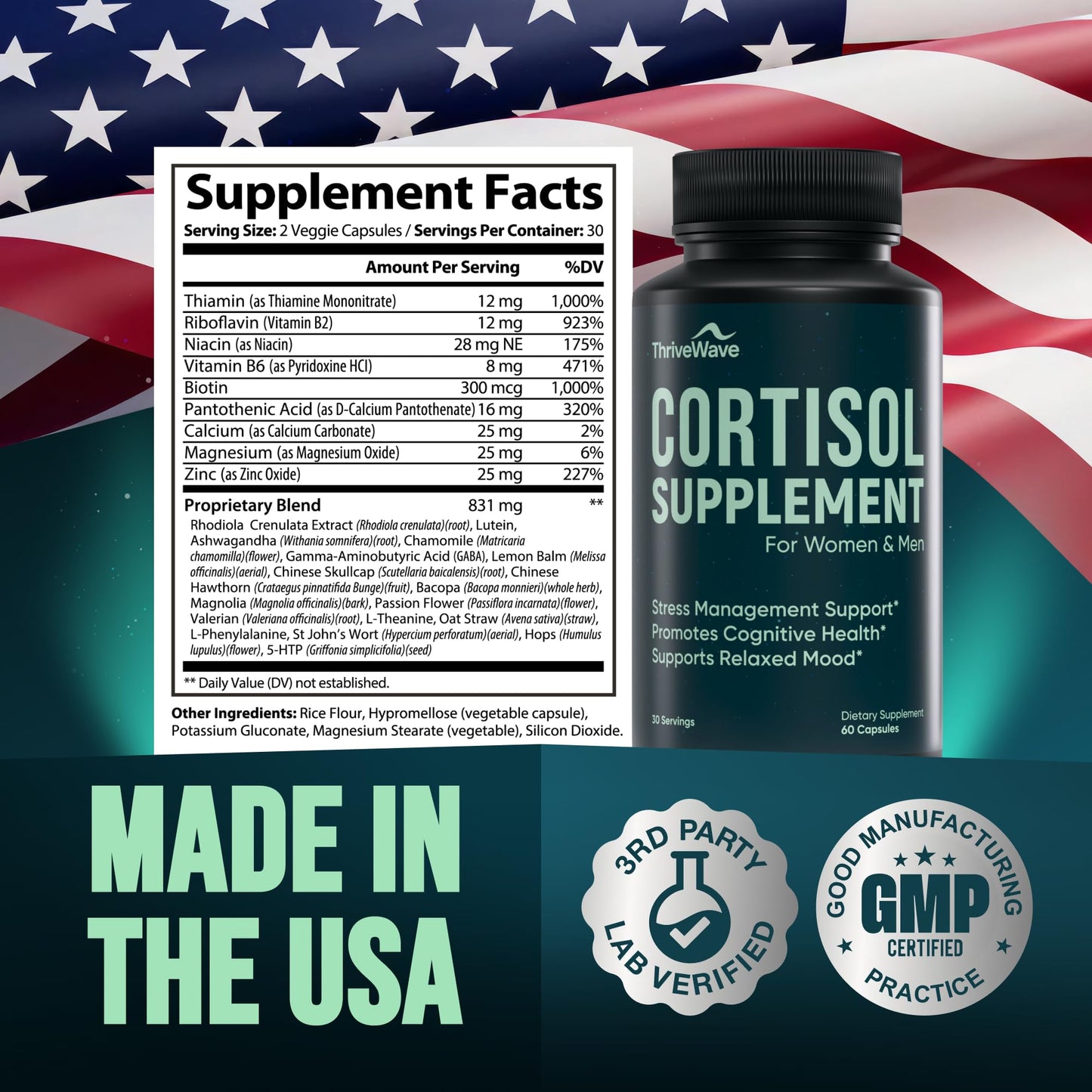 Cortisol Supplements for Women & Men – Stress & Mood Support | Bacopa Monnieri, Lemon Balm, Ashwagandha, 5-HTP, GABA, L-Theanine • 60 Capsules
