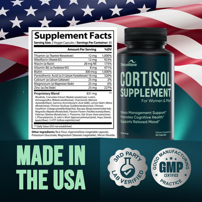 Cortisol Supplements for Women & Men – Stress & Mood Support | Bacopa Monnieri, Lemon Balm, Ashwagandha, 5-HTP, GABA, L-Theanine • 60 Capsules
