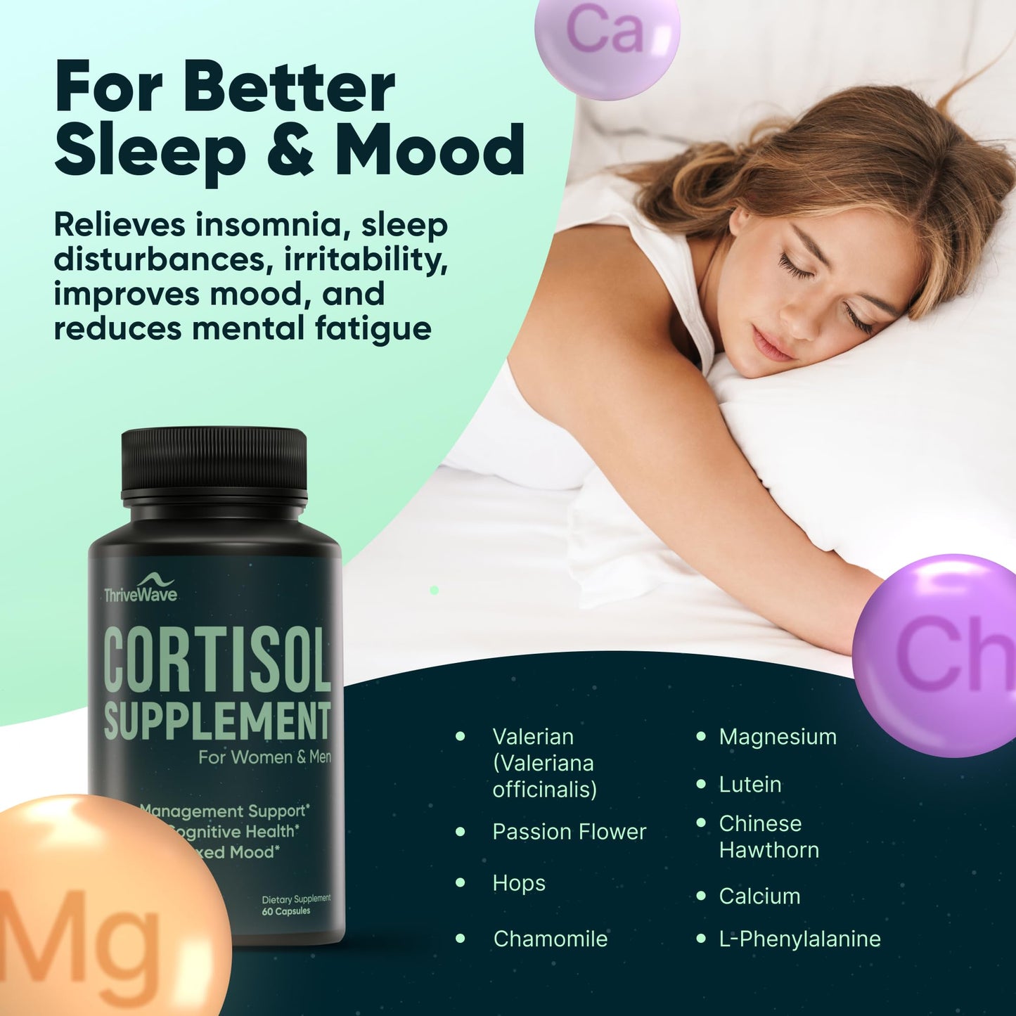 Cortisol Supplements for Women & Men – Stress & Mood Support | Bacopa Monnieri, Lemon Balm, Ashwagandha, 5-HTP, GABA, L-Theanine • 60 Capsules