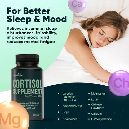 Cortisol Supplements for Women & Men – Stress & Mood Support | Bacopa Monnieri, Lemon Balm, Ashwagandha, 5-HTP, GABA, L-Theanine • 60 Capsules