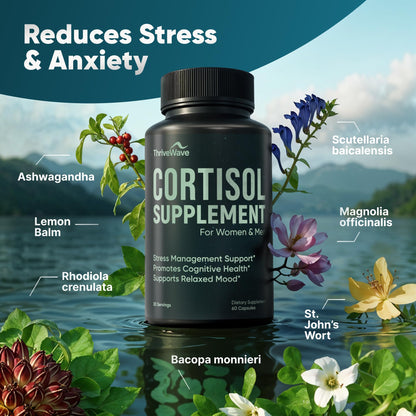 Cortisol Supplements for Women & Men – Stress & Mood Support | Bacopa Monnieri, Lemon Balm, Ashwagandha, 5-HTP, GABA, L-Theanine • 60 Capsules