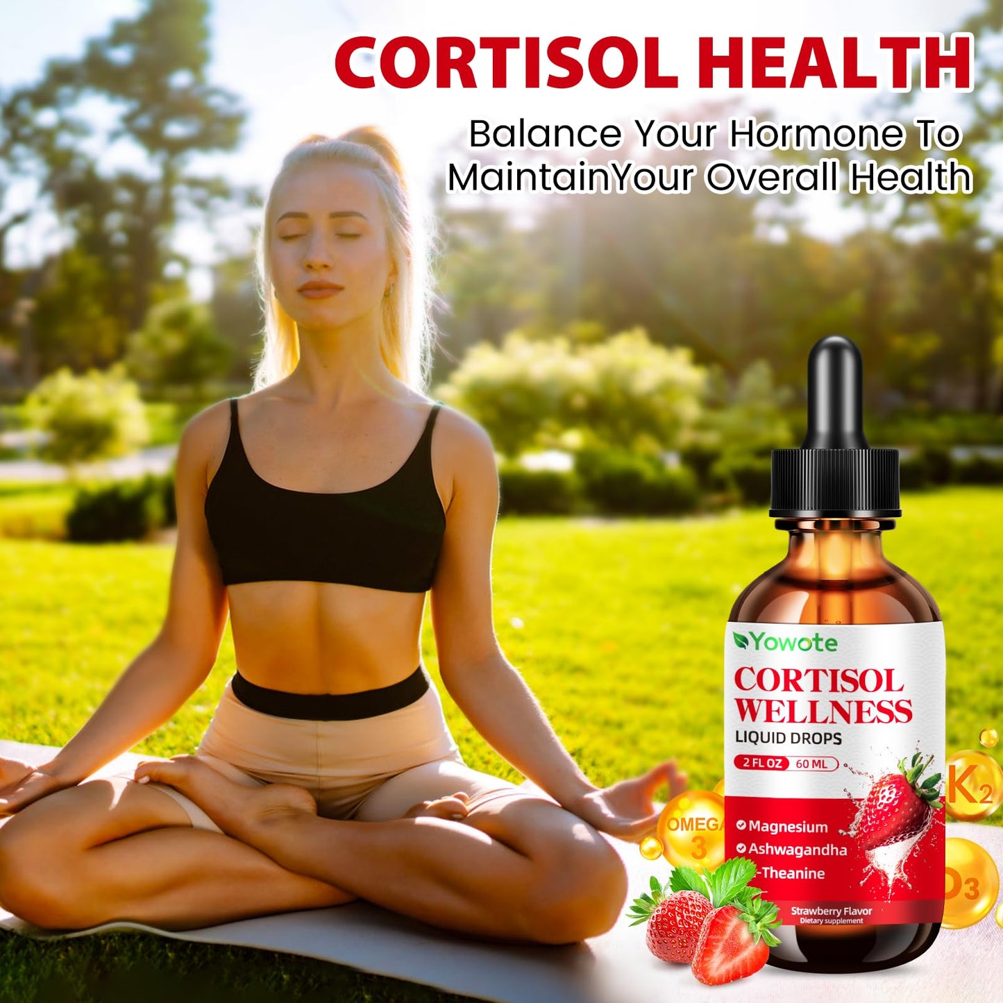 Cortisol Support Drops for Men & Women – Stress Hormone Balance, Magnesium & Ashwagandha (60ml, Strawberry)