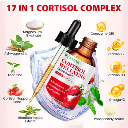 Cortisol Support Drops for Men & Women – Stress Hormone Balance, Magnesium & Ashwagandha (60ml, Strawberry)