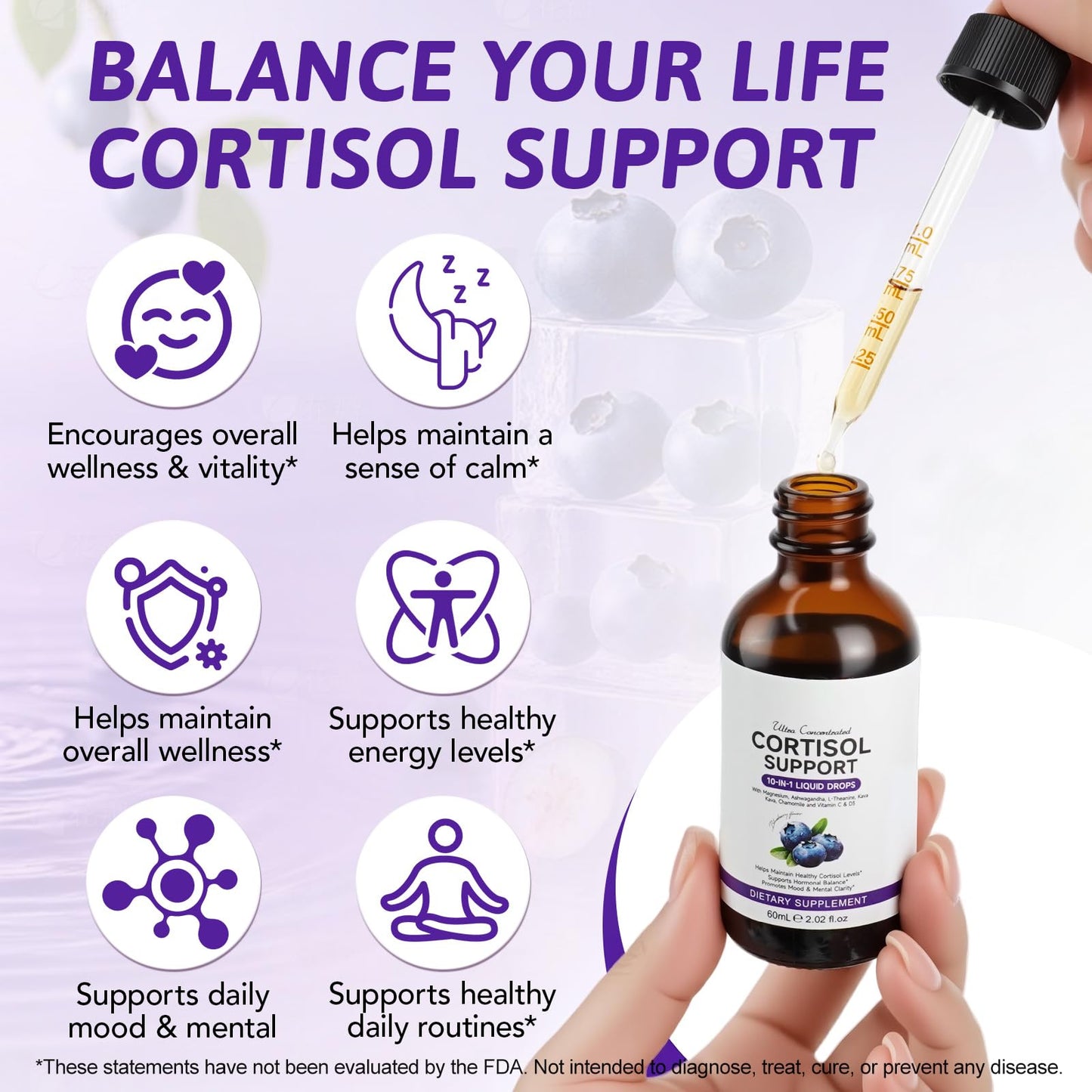 Cortisol Supplements for Women & Men | 10-in-1 Hormone Balance Drops (Blueberry)