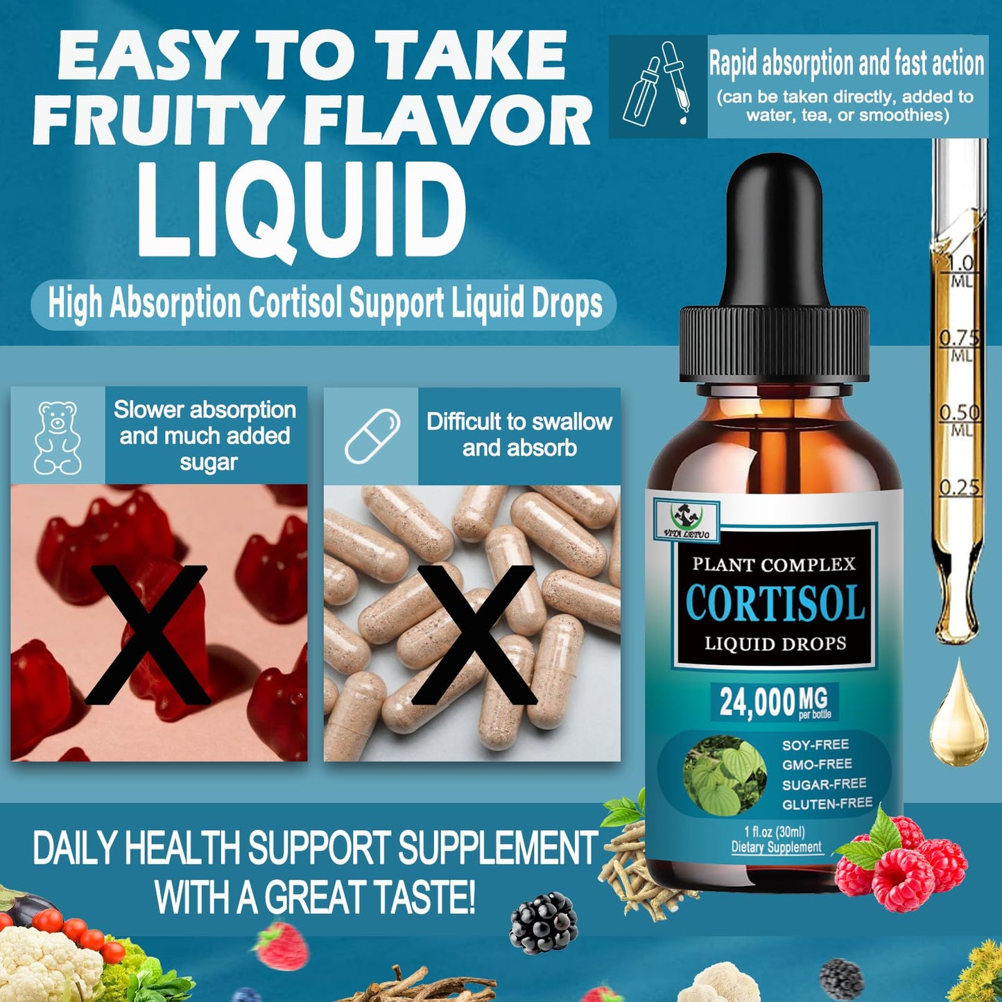Cortisol Supplement for Women - 19-in-1 Liquid Drops with Ashwagandha, Magnesium, L-Theanine, Phosphatidylserine - High Absorption & Hormone Balance (Non-GMO)