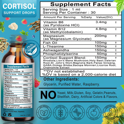 Cortisol Supplement for Women - 19-in-1 Liquid Drops with Ashwagandha, Magnesium, L-Theanine, Phosphatidylserine - High Absorption & Hormone Balance (Non-GMO)