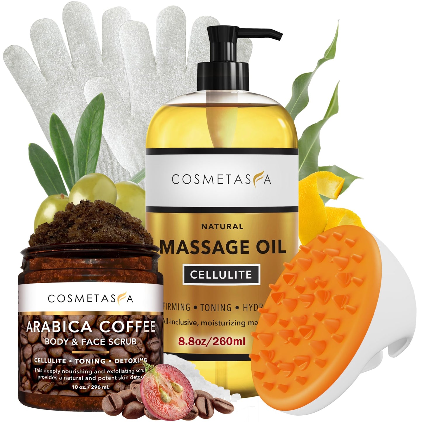 Cosmetasa Anti-Cellulite Massage Oil Kit | Organic Arabica Coffee Scrub Gift Set