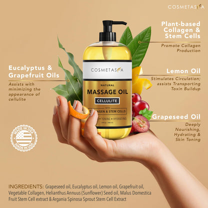 Cosmetasa Anti Cellulite Massage Oil – Lymphatic Drainage & Firming Body Oil (8.8 fl oz)