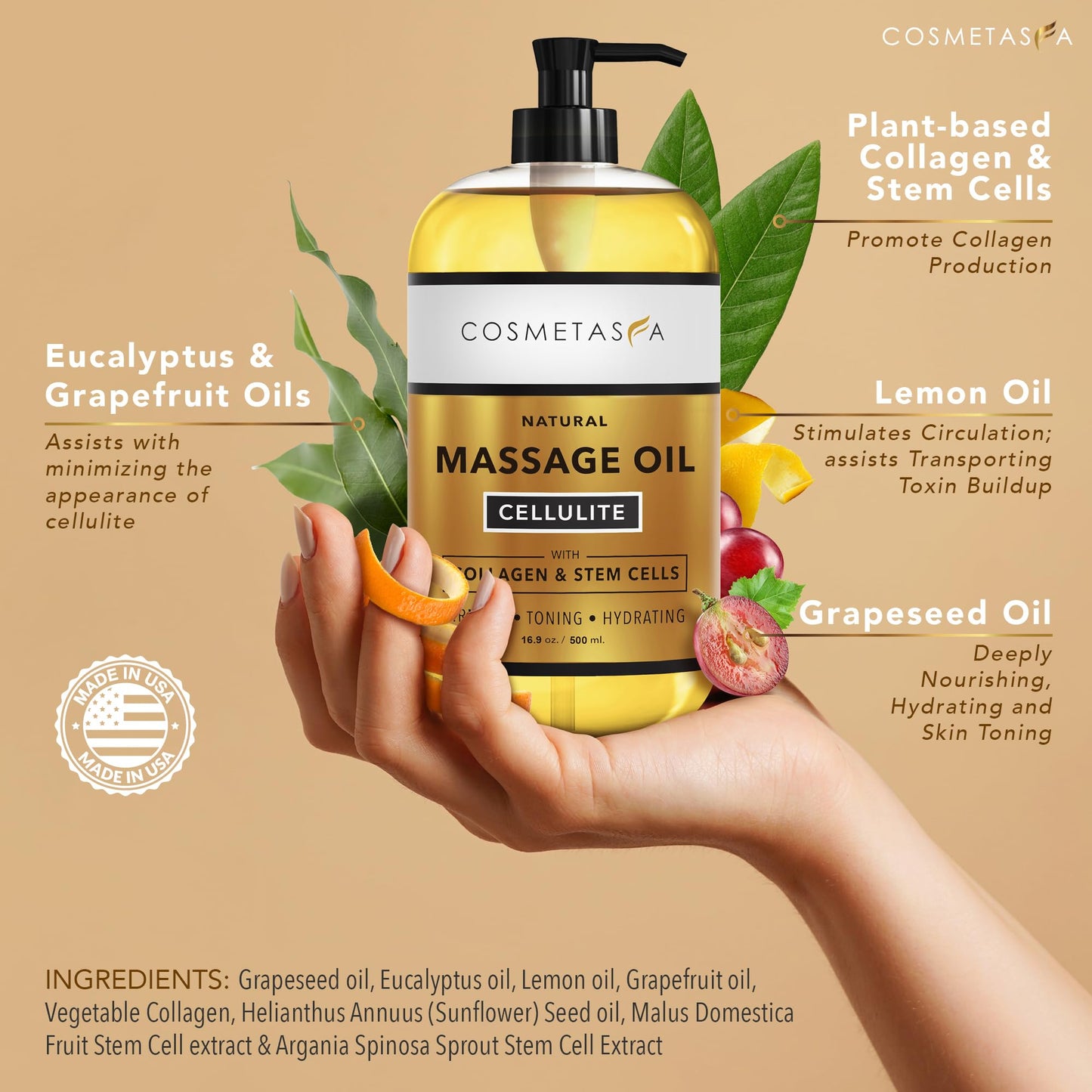 Cosmetasa Cellulite Massage Oil with Collagen & Stem Cells – 16.9 oz
