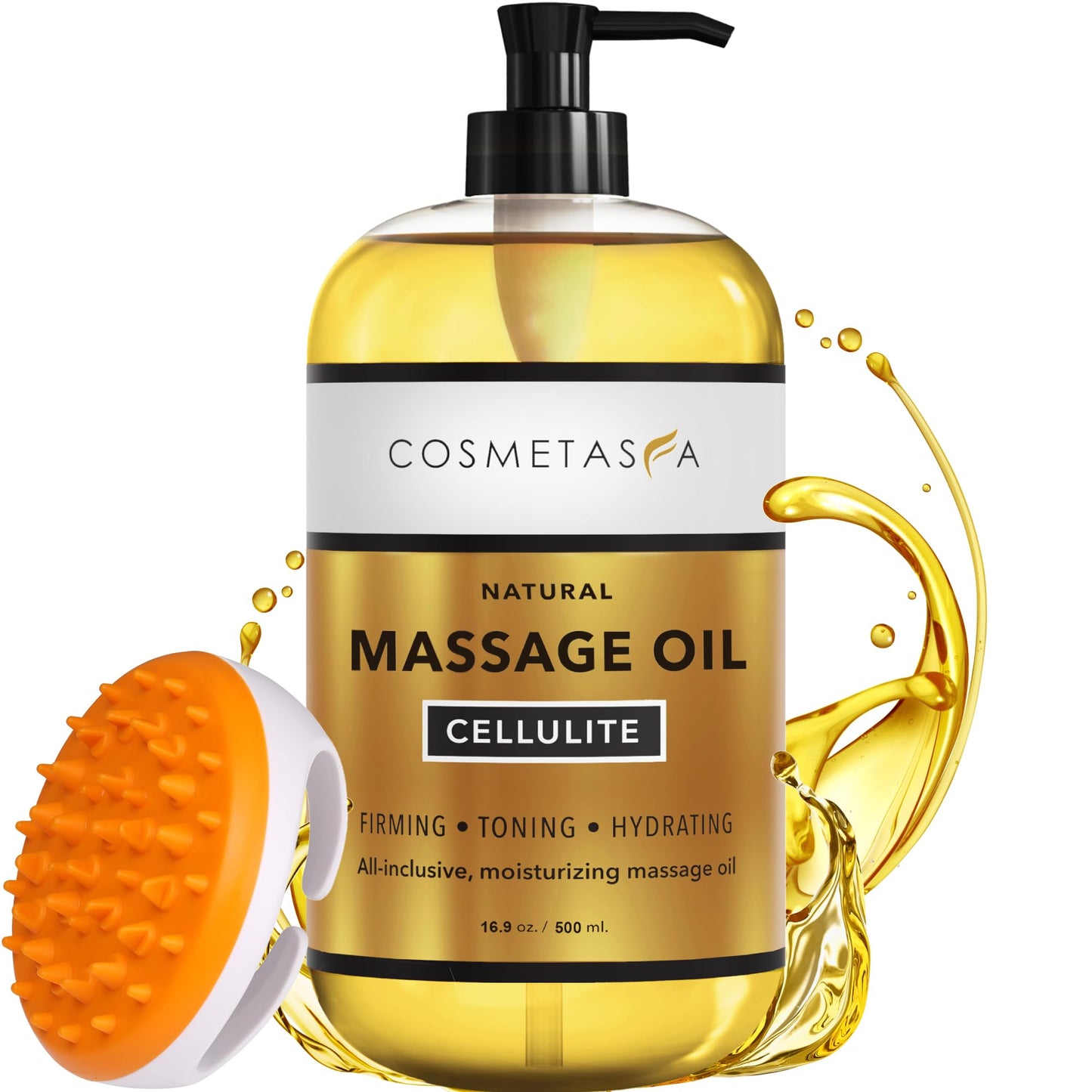 Cosmetasa Cellulite Massage Oil with Massager Mitt - 100% Natural, 16.9 oz