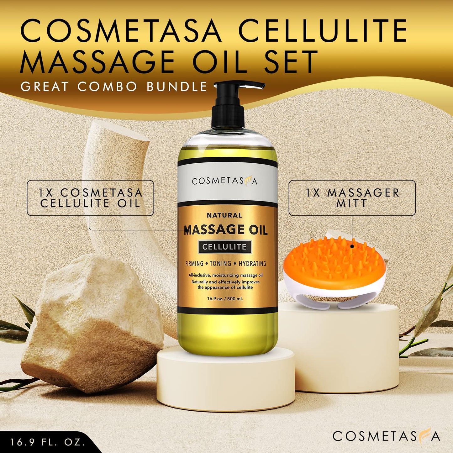 Cosmetasa Cellulite Massage Oil with Massager Mitt - 100% Natural, 16.9 oz