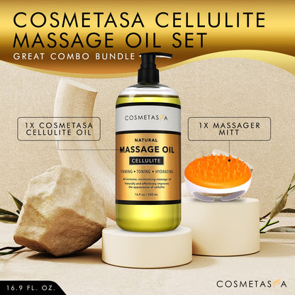 Cosmetasa Cellulite Massage Oil with Massager Mitt - 100% Natural, 16.9 oz