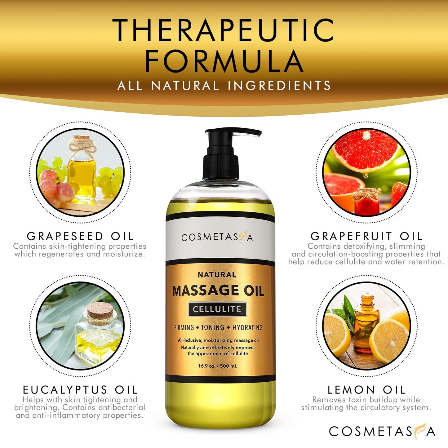 Cosmetasa Cellulite Massage Oil with Massager Mitt - 100% Natural, 16.9 oz