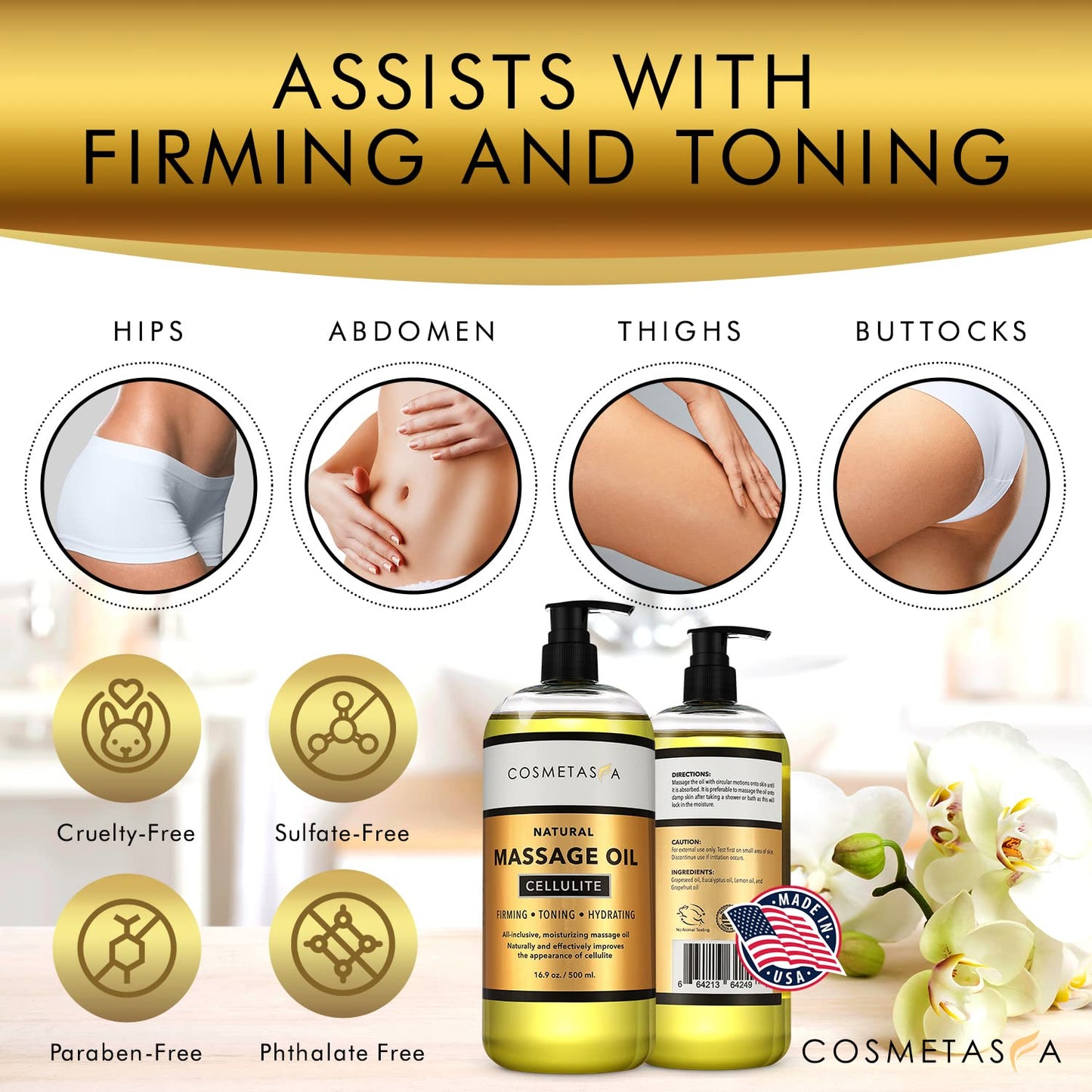 Cosmetasa Cellulite Massage Oil with Massager Mitt - 100% Natural, 16.9 oz