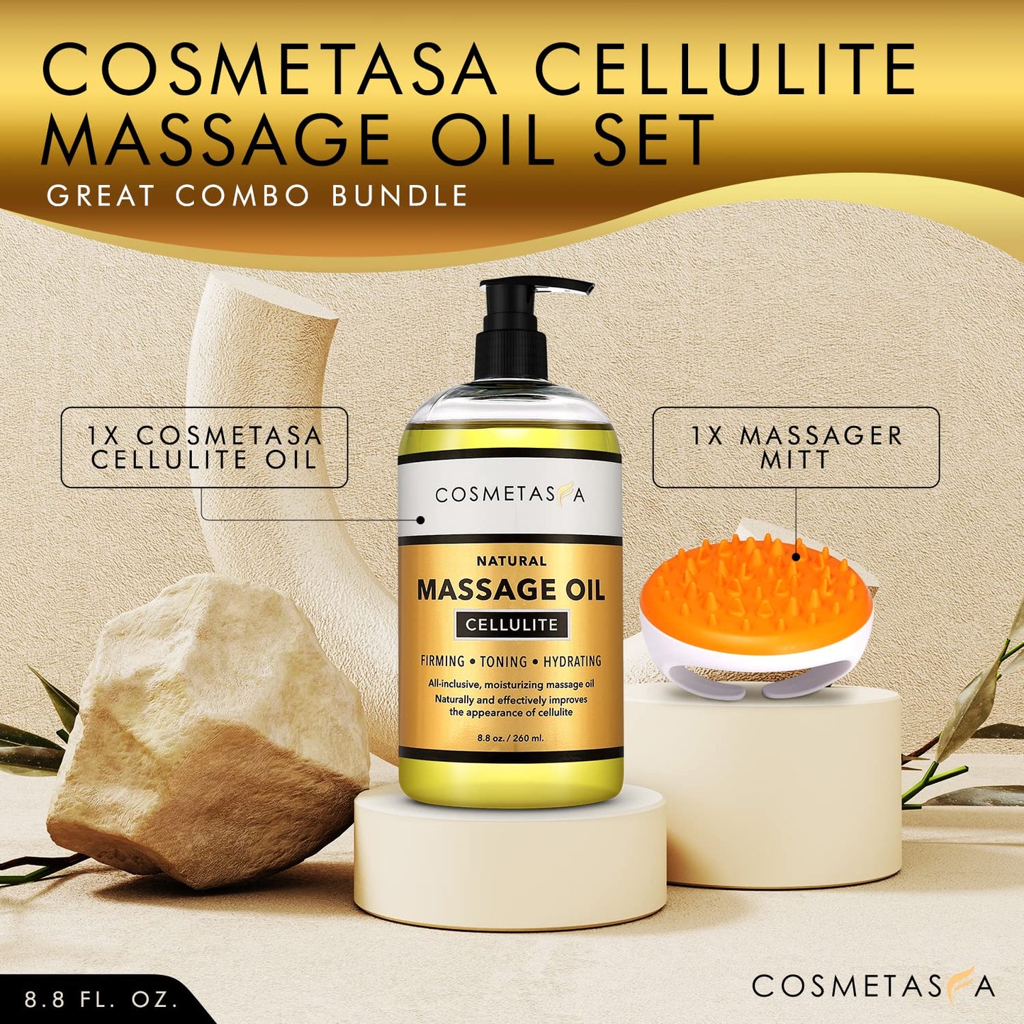 Cosmetasa Cellulite Massage Oil with Massager Mitt - 8.8 oz | Natural & Absorbent